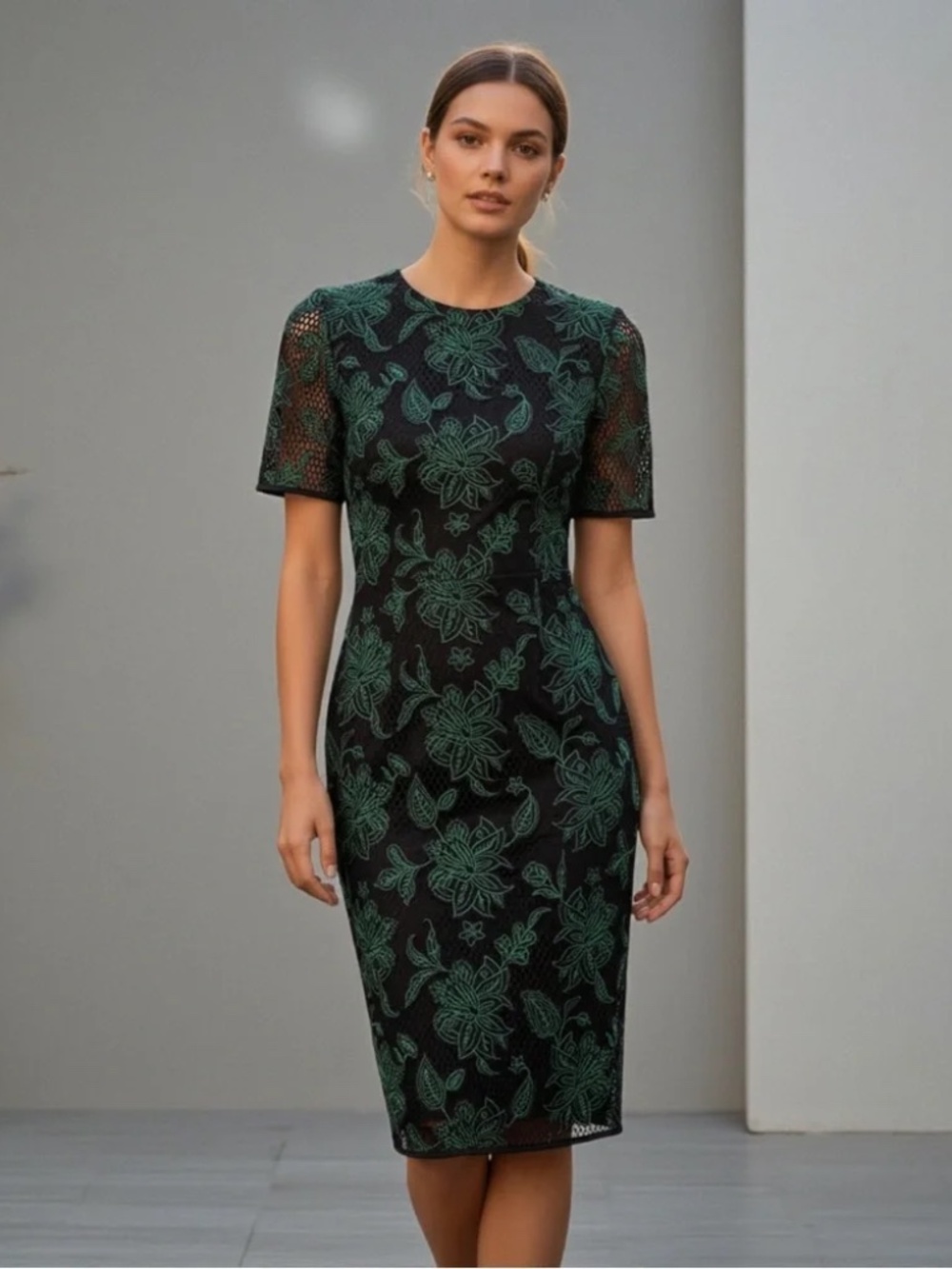 NWOT Tory Burch Black Green Floral Embroidered Mesh Sheath Dress Sz 6 Org $400 - Picture 5 of 6